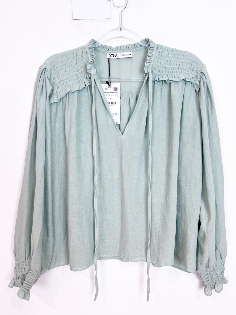 ZARA SAGE GREEN LONG PUFF SLEEVE PEASANT BLOUSE SZ LARGE NWT